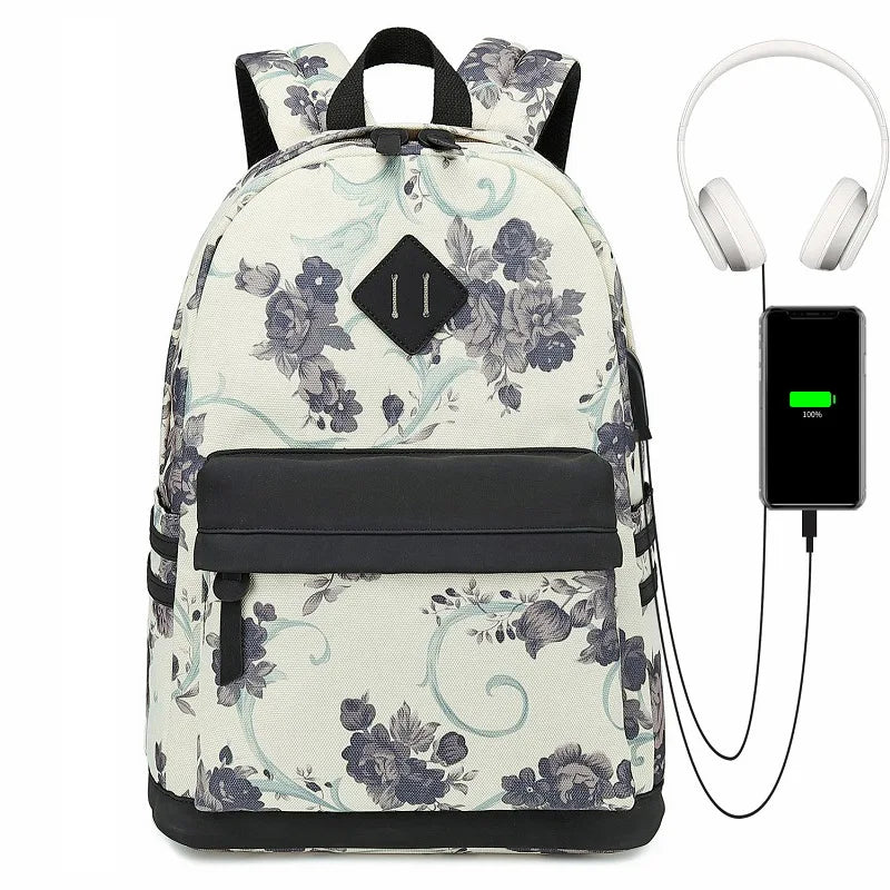 Fengdong flower school bags for girls teenagers usb backpack women bookbag middle high college school backpack teen schoolbag