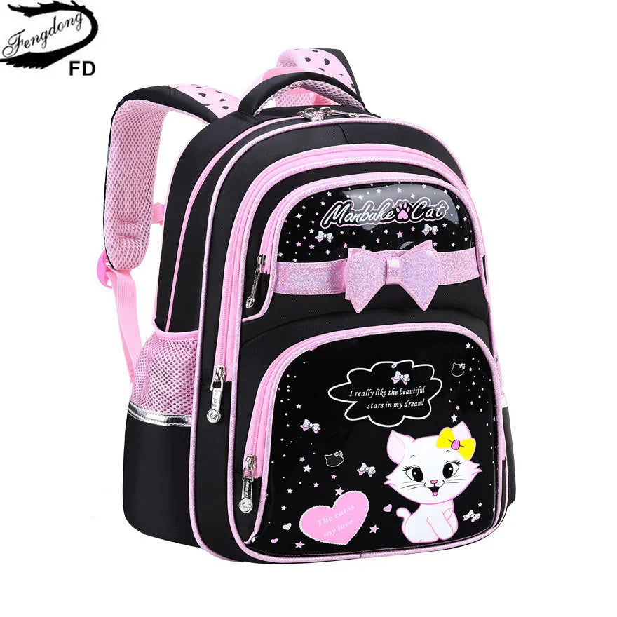 Fengdong girl school bag cute black pink PU leather school waterproof backpack kawaii cat bow knot school bag for children gift