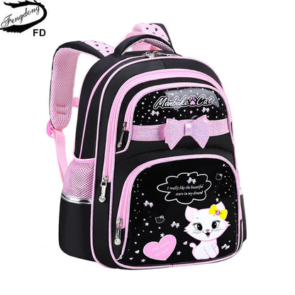 Fengdong girl school bag cute black pink PU leather school waterproof backpack kawaii cat bow knot school bag for children gift