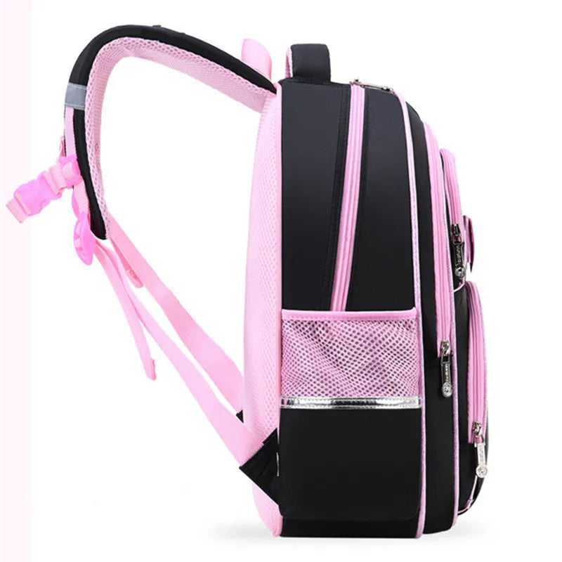 Fengdong girl school bag cute black pink PU leather school waterproof backpack kawaii cat bow knot school bag for children gift