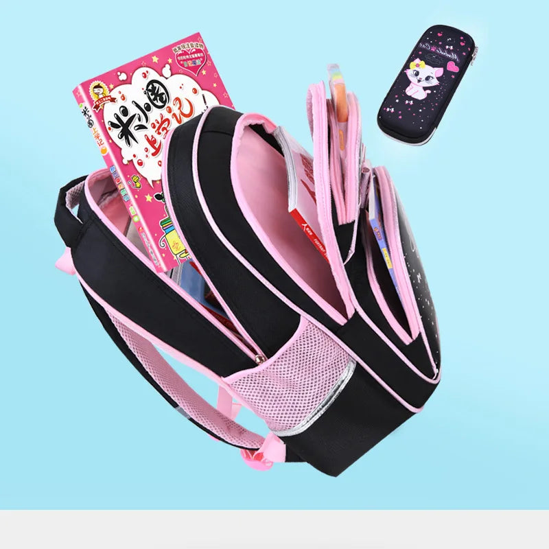 Fengdong girl school bag cute black pink PU leather school waterproof backpack kawaii cat bow knot school bag for children gift