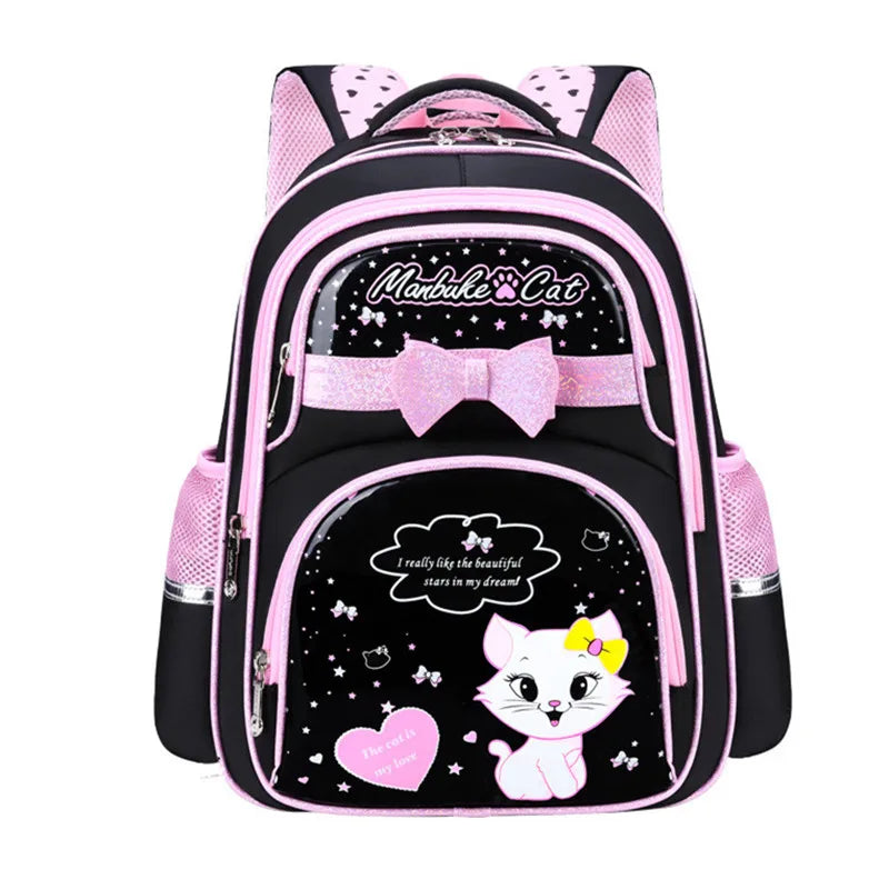 Fengdong girl school bag cute black pink PU leather school waterproof backpack kawaii cat bow knot school bag for children gift