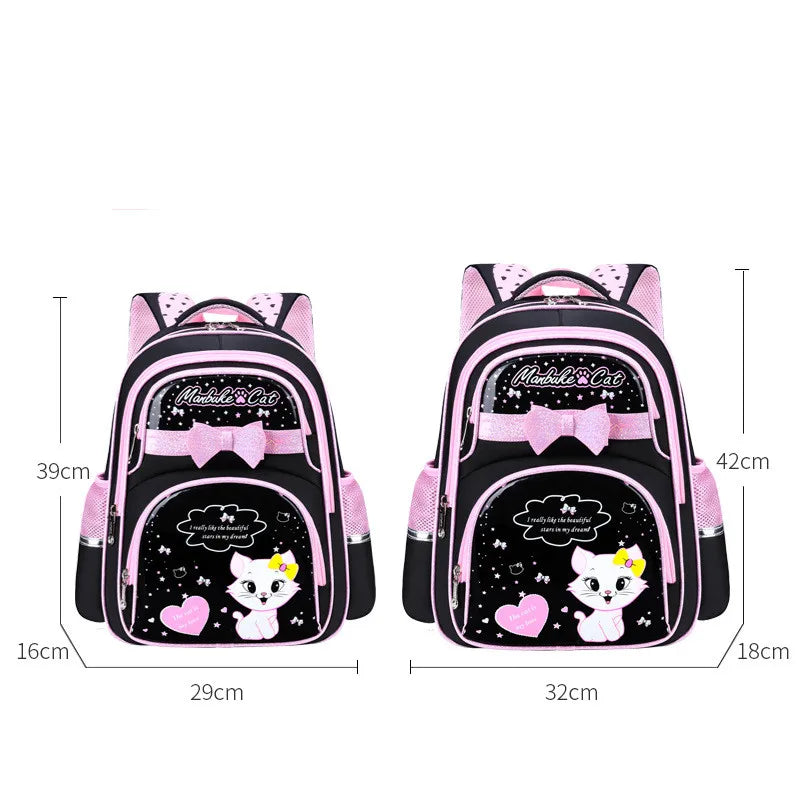 Fengdong girl school bag cute black pink PU leather school waterproof backpack kawaii cat bow knot school bag for children gift