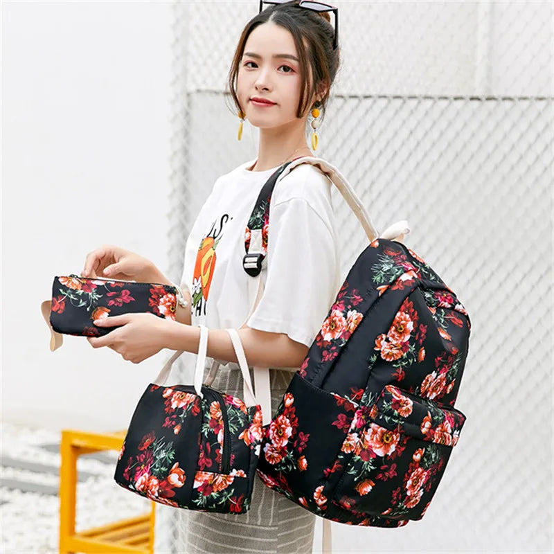 Fengdong girls flower school backpack kids school bag chinese style floral backpack children lunch bag pencil bag set book bag