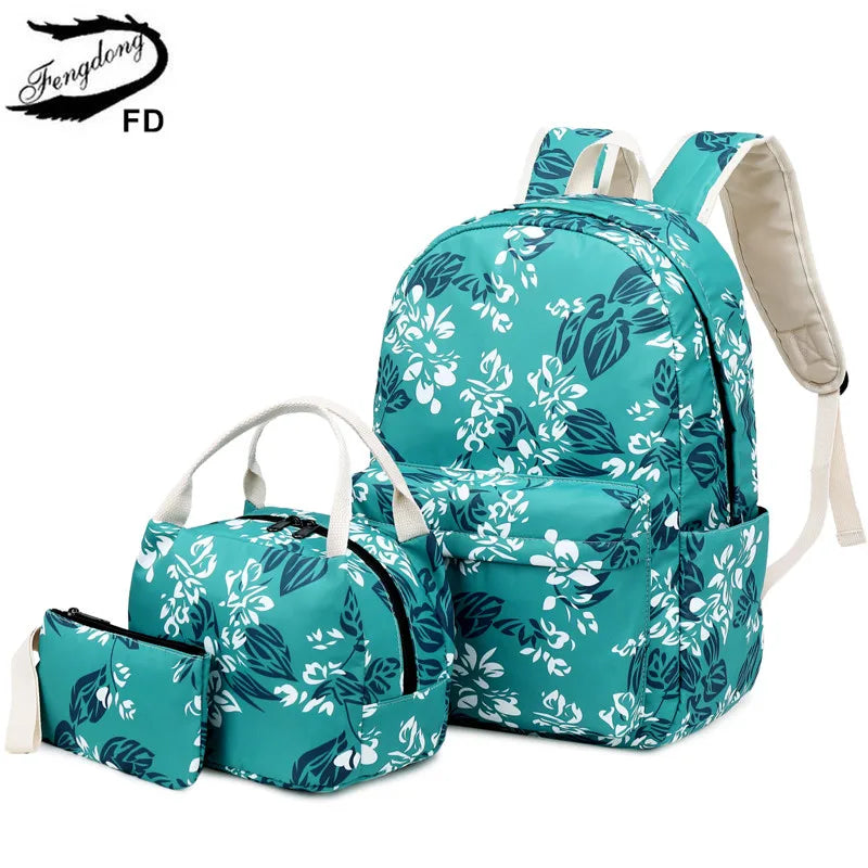 Fengdong girls flower school backpack kids school bag chinese style floral backpack children lunch bag pencil bag set book bag