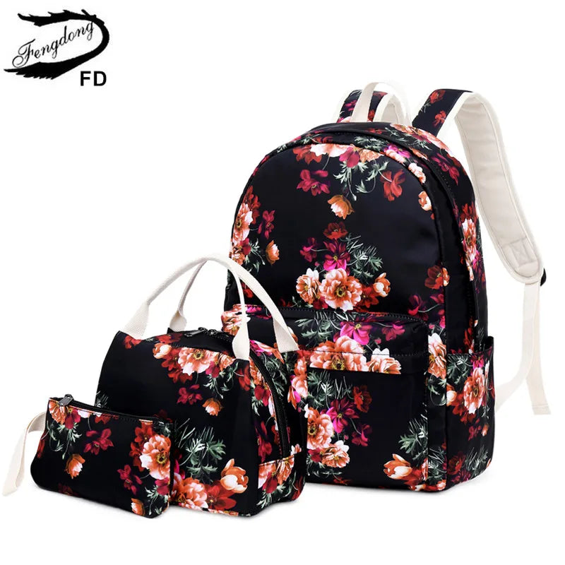 Fengdong girls flower school backpack kids school bag chinese style floral backpack children lunch bag pencil bag set book bag