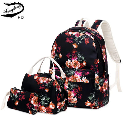 Fengdong girls flower school backpack kids school bag chinese style floral backpack children lunch bag pencil bag set book bag