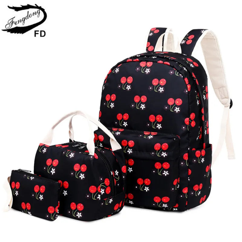 Fengdong girls flower school backpack kids school bag chinese style floral backpack children lunch bag pencil bag set book bag