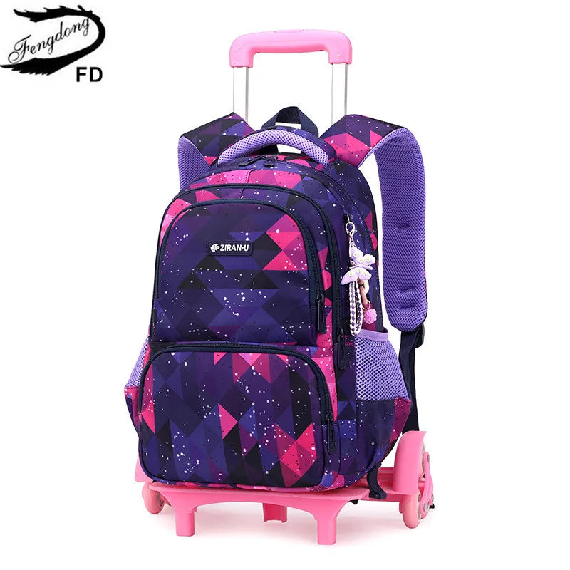 Fengdong girls school backpack with wheels rolling backpacks for students trolley book bag on wheels school bags for kids 6-12Y