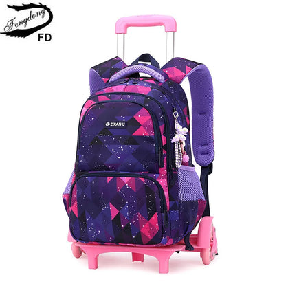 Fengdong girls school backpack with wheels rolling backpacks for students trolley book bag on wheels school bags for kids 6-12Y