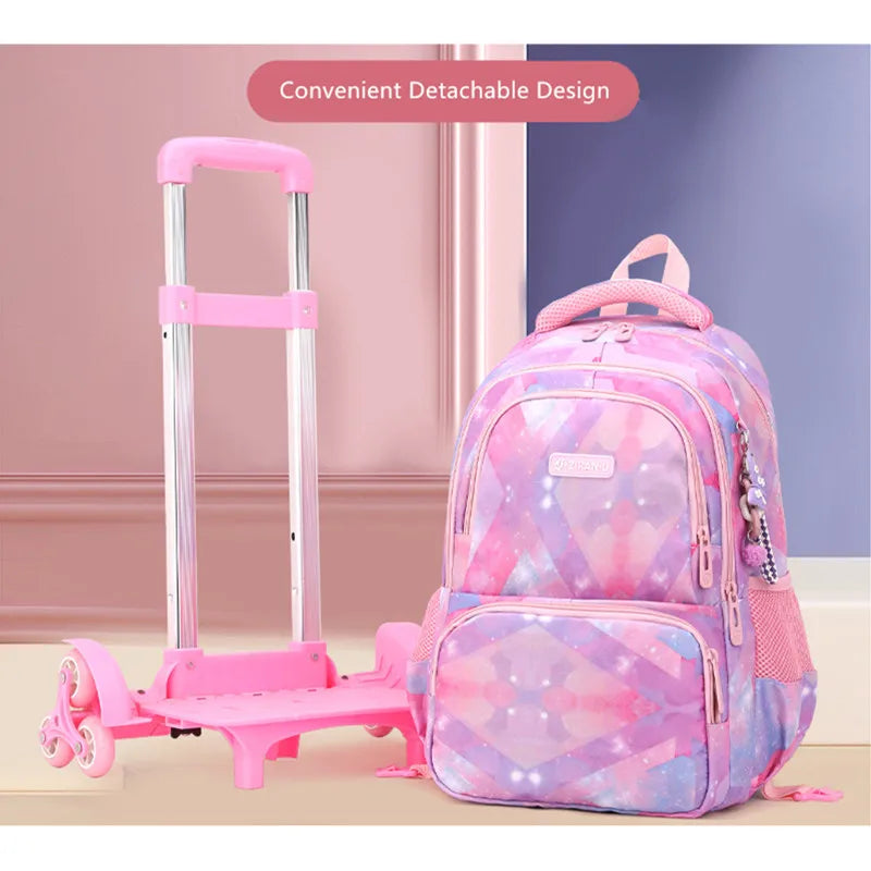 Fengdong girls school backpack with wheels rolling backpacks for students trolley book bag on wheels school bags for kids 6-12Y