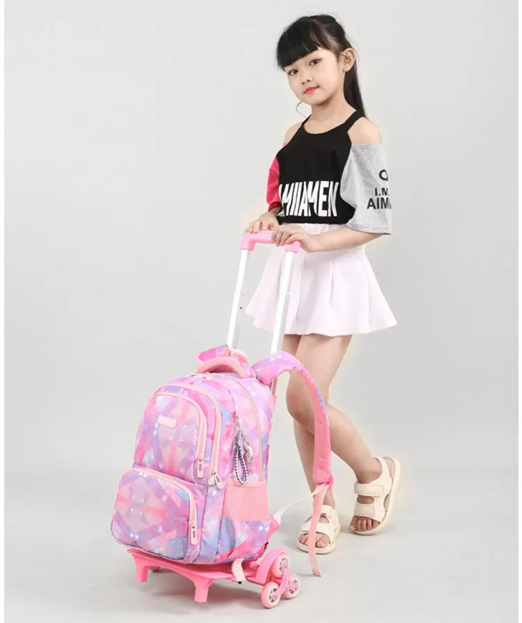 Fengdong girls school backpack with wheels rolling backpacks for students trolley book bag on wheels school bags for kids 6-12Y