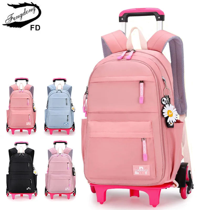 Fengdong girls school bag with 6 wheels kids trolley backpack middle school girl rolling backpack simple black backpack book bag