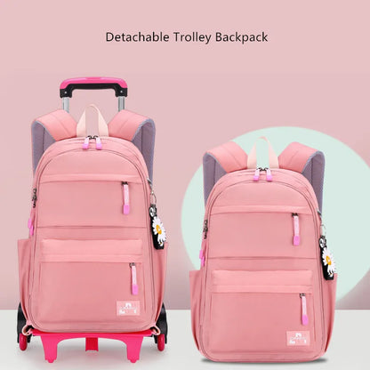 Fengdong girls school bag with 6 wheels kids trolley backpack middle school girl rolling backpack simple black backpack book bag