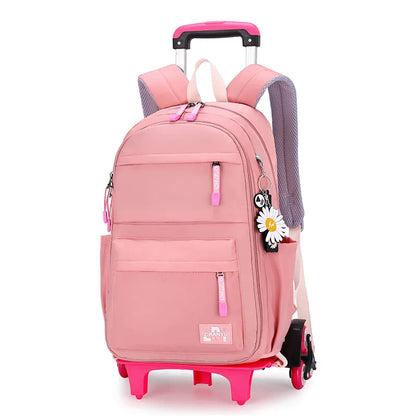 Fengdong girls school bag with 6 wheels kids trolley backpack middle school girl rolling backpack simple black backpack book bag