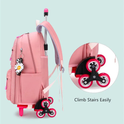 Fengdong girls school bag with 6 wheels kids trolley backpack middle school girl rolling backpack simple black backpack book bag
