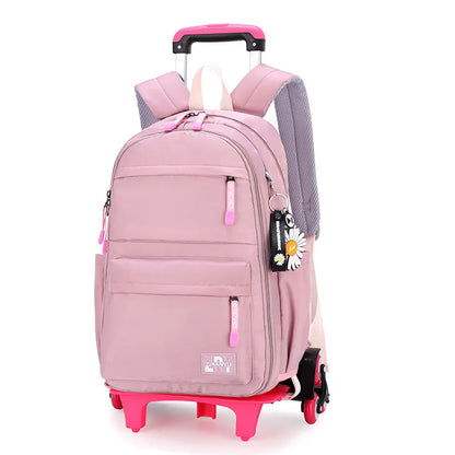 Fengdong girls school bag with 6 wheels kids trolley backpack middle school girl rolling backpack simple black backpack book bag