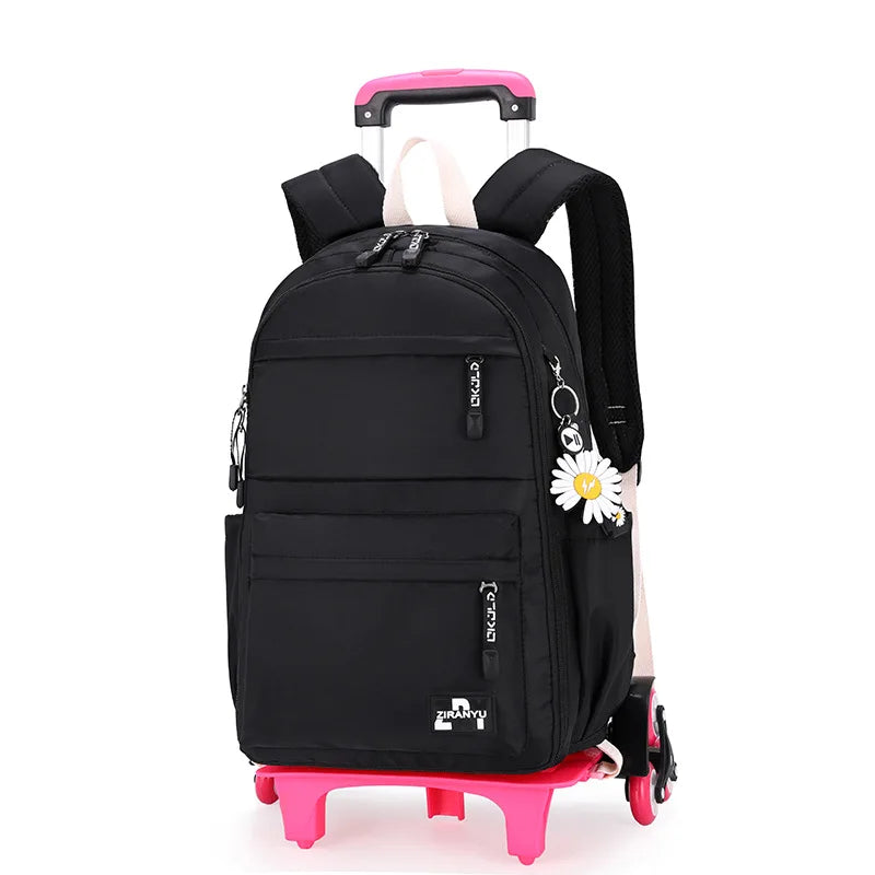 Fengdong girls school bag with 6 wheels kids trolley backpack middle school girl rolling backpack simple black backpack book bag