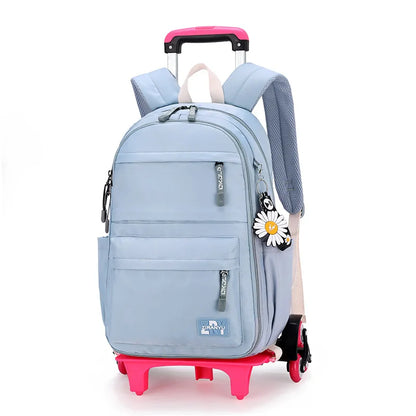 Fengdong girls school bag with 6 wheels kids trolley backpack middle school girl rolling backpack simple black backpack book bag