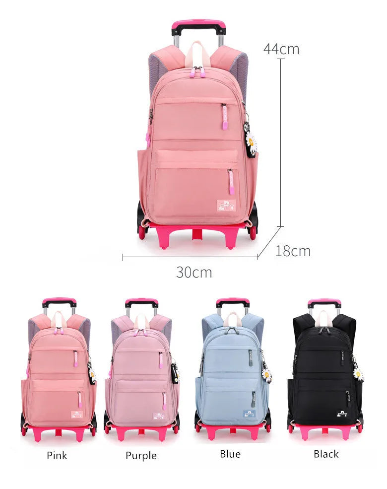 Fengdong girls school bag with 6 wheels kids trolley backpack middle school girl rolling backpack simple black backpack book bag