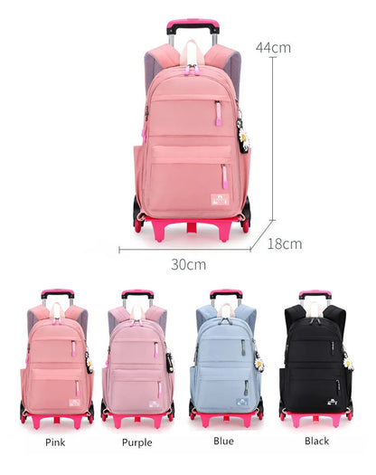 Fengdong girls school bag with 6 wheels kids trolley backpack middle school girl rolling backpack simple black backpack book bag