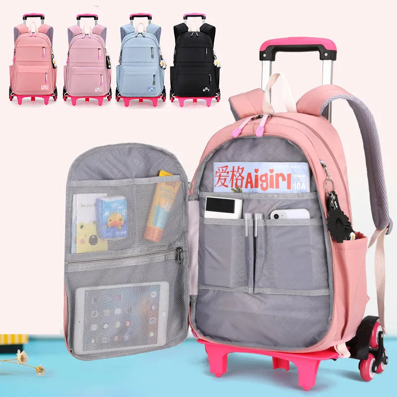 Fengdong girls school bag with 6 wheels kids trolley backpack middle school girl rolling backpack simple black backpack book bag