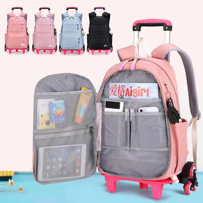 Fengdong girls school bag with 6 wheels kids trolley backpack middle school girl rolling backpack simple black backpack book bag