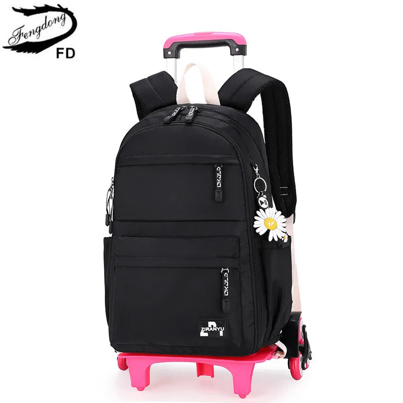 Fengdong girls school bag with 6 wheels kids trolley backpack middle school girl rolling backpack simple black backpack book bag