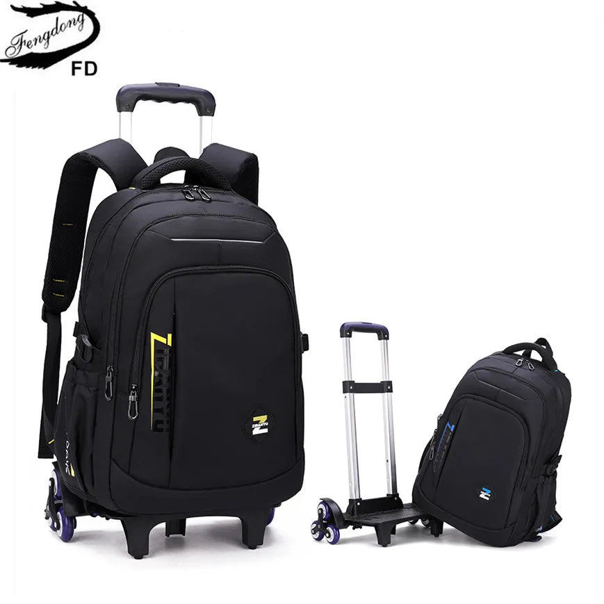 Fengdong high school backpack kit with wheels detachable trolley school bags for boys bookbag large capacity rolling backpack
