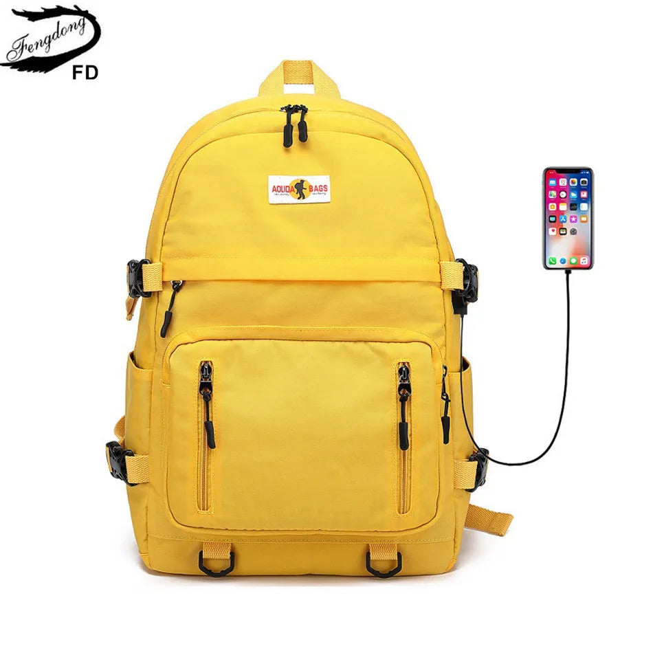Fengdong high school backpack waterproof yellow black backpack usb port book bag large school backpack for teenage boys girls