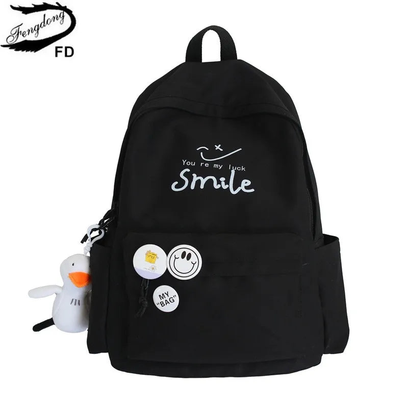 Fengdong high school bags for girls boys simple solid color smile book bag women black backpack college student school backpack