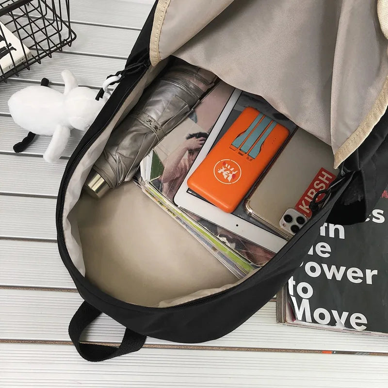 Fengdong high school bags for girls boys simple solid color smile book bag women black backpack college student school backpack