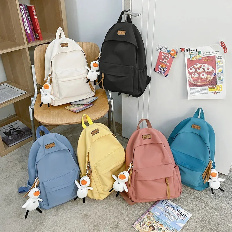 Fengdong high school bags for girls college student laptop backpack women school backpack teen girl black bookbag cute duck doll