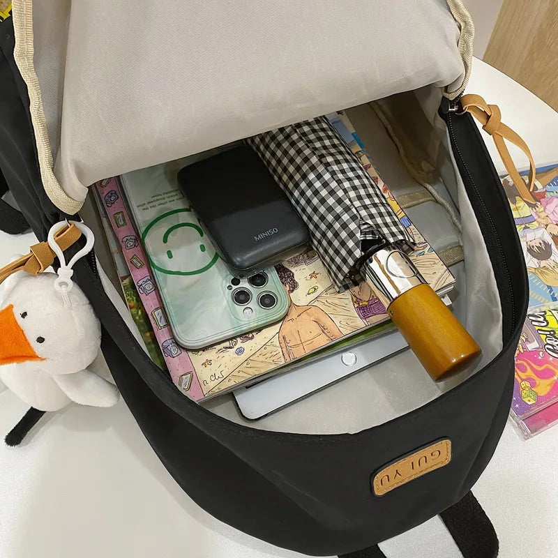 Fengdong high school bags for girls college student laptop backpack women school backpack teen girl black bookbag cute duck doll