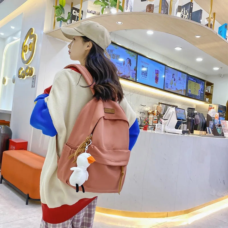 Fengdong high school bags for girls college student laptop backpack women school backpack teen girl black bookbag cute duck doll