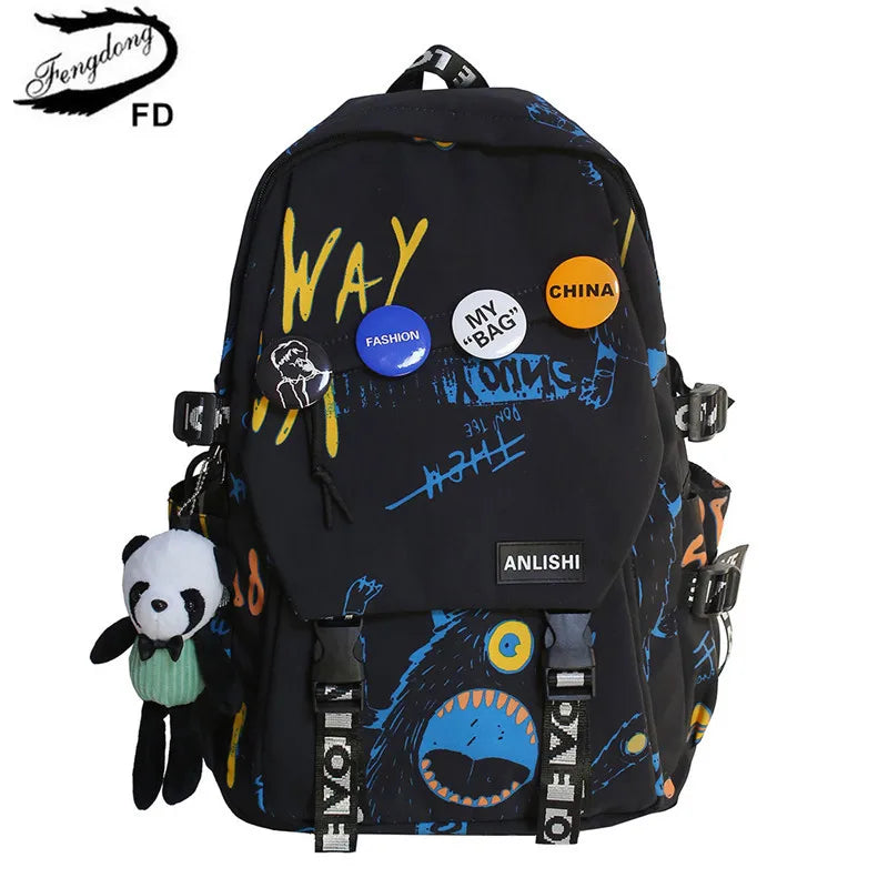 Fengdong junior high school backpack with graffiti design middel school bags for boys girls cool backpack large capacity bookbag