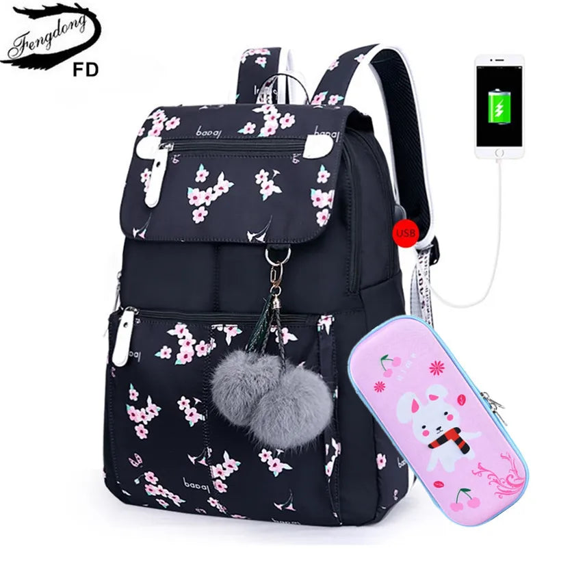 Fengdong kids black pink floral school backpack children school bags for girls student girl cute pen pencil bag set dropshipping