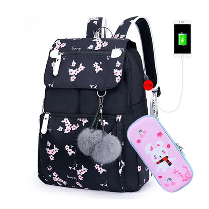 Fengdong kids black pink floral school backpack children school bags for girls student girl cute pen pencil bag set dropshipping
