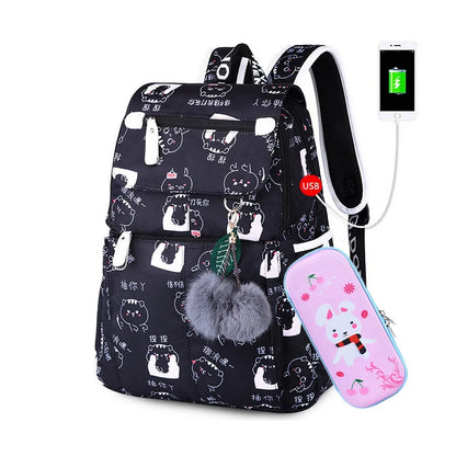 Fengdong kids black pink floral school backpack children school bags for girls student girl cute pen pencil bag set dropshipping