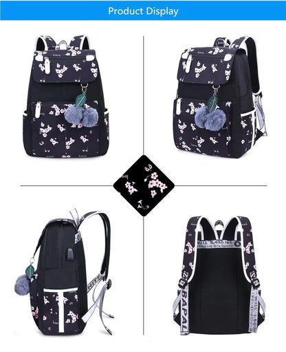 Fengdong kids black pink floral school backpack children school bags for girls student girl cute pen pencil bag set dropshipping