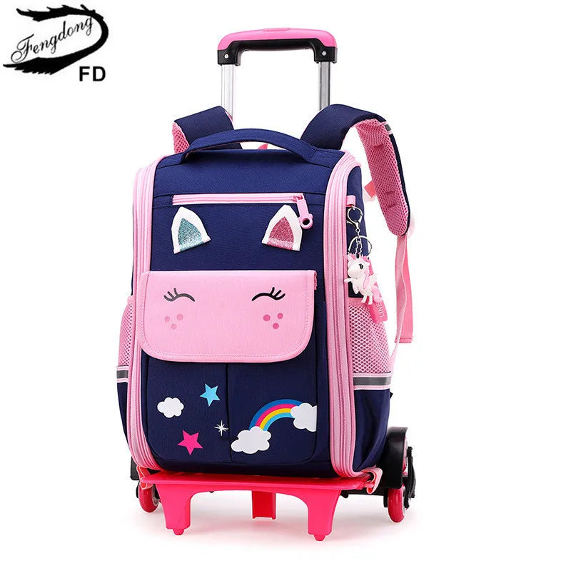 Fengdong kids wheel backpack children cute 3D cartoon school backpack for girls trolley school bag on 6 wheels kawaii book bag