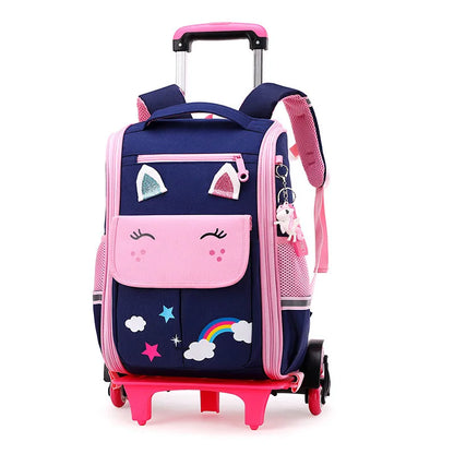 Fengdong kids wheel backpack children cute 3D cartoon school backpack for girls trolley school bag on 6 wheels kawaii book bag