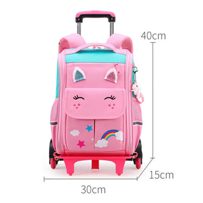 Fengdong kids wheel backpack children cute 3D cartoon school backpack for girls trolley school bag on 6 wheels kawaii book bag