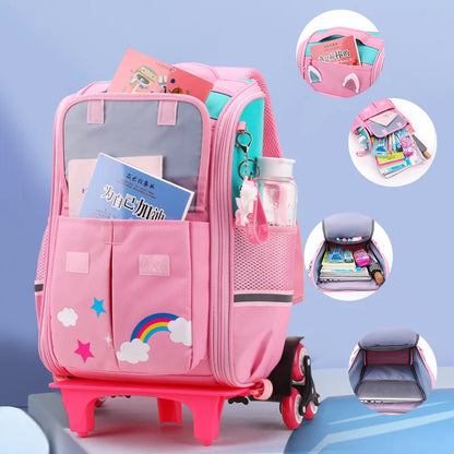 Fengdong kids wheel backpack children cute 3D cartoon school backpack for girls trolley school bag on 6 wheels kawaii book bag