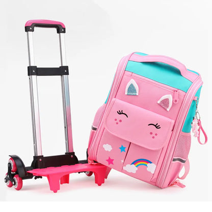 Fengdong kids wheel backpack children cute 3D cartoon school backpack for girls trolley school bag on 6 wheels kawaii book bag