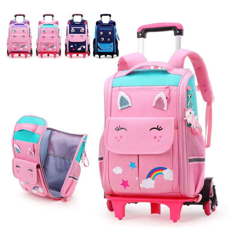 Fengdong kids wheel backpack children cute 3D cartoon school backpack for girls trolley school bag on 6 wheels kawaii book bag