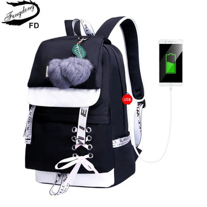 Fengdong korean style high school backpack for teenage girl fashion black white student girls backpack schoolbag cute book bag
