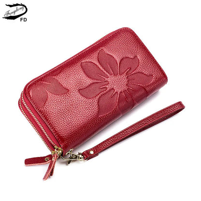 Fengdong ladies big card wallet women genuine leather phone wallet girl gift female big money bag vintage flower leather purse