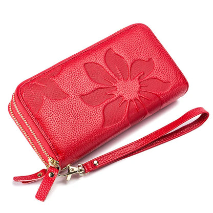 Fengdong ladies big card wallet women genuine leather phone wallet girl gift female big money bag vintage flower leather purse