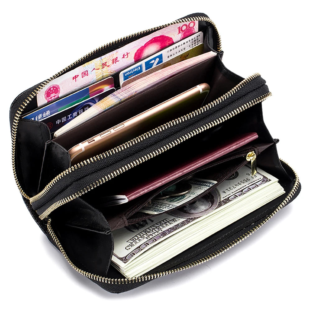 Fengdong ladies big card wallet women genuine leather phone wallet girl gift female big money bag vintage flower leather purse